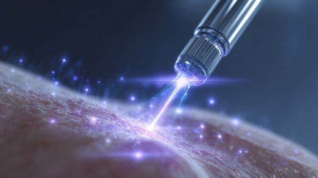 RF microneedling close-up with light energy pulses entering skin, minimal medical 