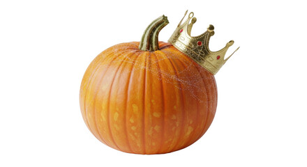 A single orange pumpkin with a golden crown placed on its side, against a white backdrop.