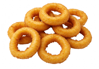 Pile of golden fried onion rings isolated on transparent background