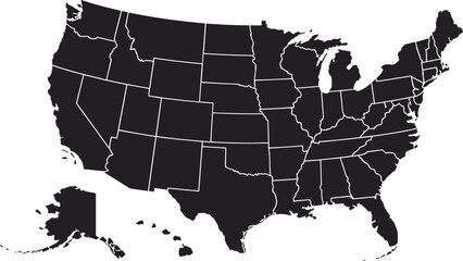 Black and white USA map vector, detailed state boundaries, high contrast silhouette, American states outline illustration, printable educational graphic