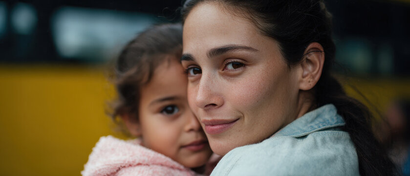Woman lovingly holds child at bus terminal