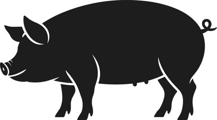 Black Silhouette of Pig Standing Side View, Farm Animal Illustration, Livestock Icon, Minimal Vector Design for Butcher, Agriculture Use