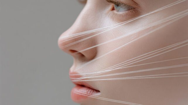 PDO thread lifting conceptual art, dissolvable threads pulling skin upward