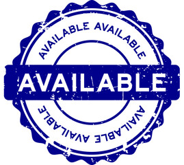 Grunge blue available word round seal stamp on white background