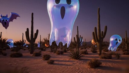 Surreal desert Halloween scene with shiny holographic balloons among glowing cacti, animated extravagance - Powered by Adobe