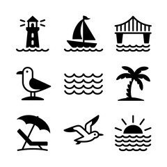 Nautical and beach icons silhouette collection isolated on white background