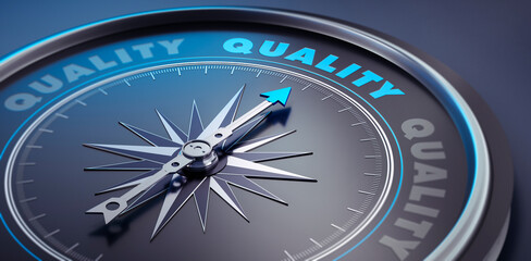 Dark stylish compass with needle pointing to the word quality - 3D illustration © peterschreiber.media
