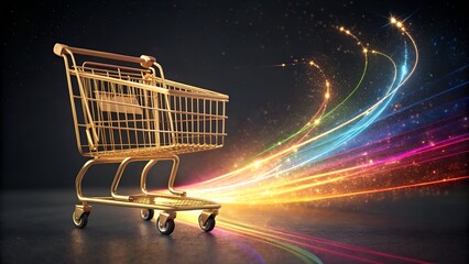 golden shopping cart with colorful motion blur and lights