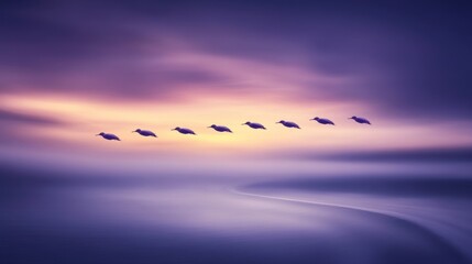 Tranquil flight seven birds sunset over water serene nature scene photography