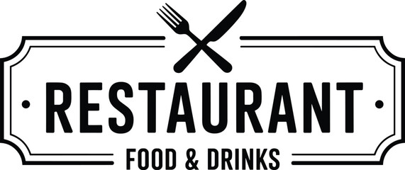 Minimalist black and white restaurant logo design with fork and knife icon, food and drinks banner, modern vintage style signage