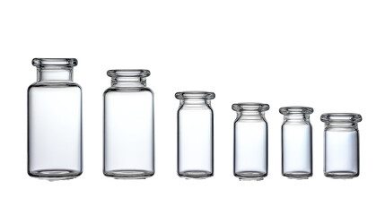 Set of empty glass vials of varying sizes isolated on transparent background