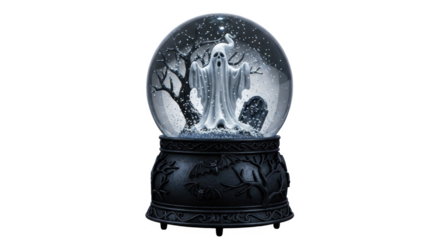 A spectral figure haunts a moonlit Halloween snow globe scene.
