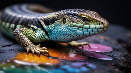 Fototapeta premium Close up of a colorful lizard with iridescent scales on a dark background