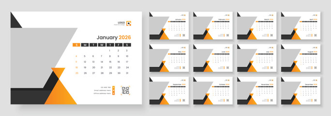 2026 desk calendar design template, 12 month corporate table calendar design, Calendar template for 2026 with week start on Sunday.