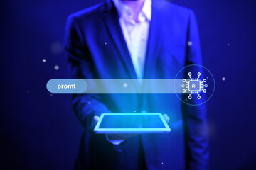 Business professional holding a tablet with futuristic digital interface in dark environment shows advanced technology trends