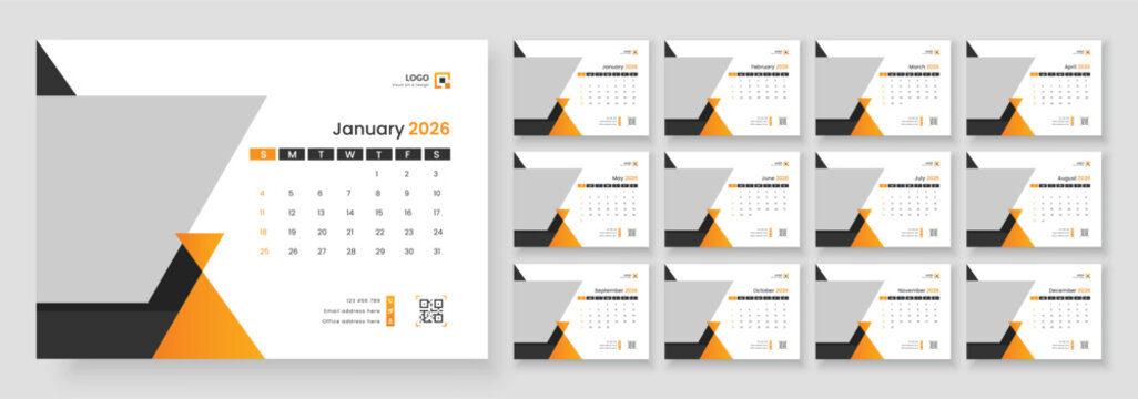 2026 desk calendar design template, 12 month corporate table calendar design, Calendar template for 2026 with week start on Sunday.