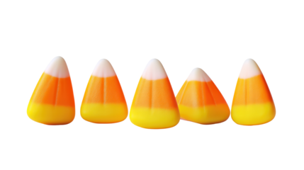 Five candy corn pieces isolated on transparent background