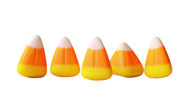 Five candy corn pieces isolated on transparent background