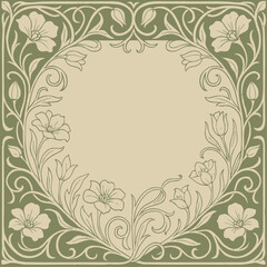 Elegant Art Nouveau floral border design with pink and cream flowers, ornate green foliage, and a decorative frame layout on a beige background, perfect for invitations, or greeting cards