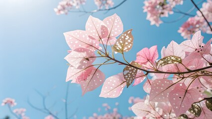pastel pink foliage with white dots against a blue  sky