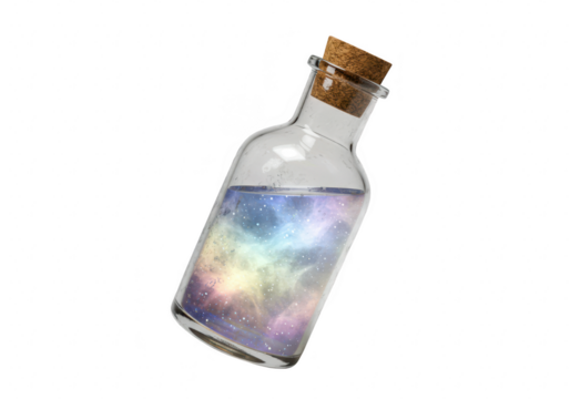Bottle with colorful galaxy liquid isolated on transparent background