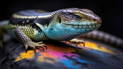 Fototapeta premium Close up of a colorful lizard with vibrant paint splatters on a dark background