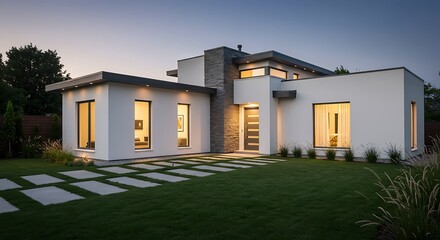 Fototapeta premium Sleek house exterior featuring clean lines, with a peaceful atmosphere.