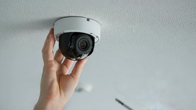 Technician Installing Dome Surveillance Camera on Office Ceiling