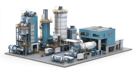 Waste treatment facility with industrial processing equipment and storage tanks, featuring blue and gray structures with yellow railings in clean, organized layout