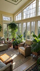 Bright sunroom with cozy armchairs, large glass windows letting in daylight, and lush indoor plants in ceramic pots on wooden floor. Concept of peaceful home relaxation atmosphere