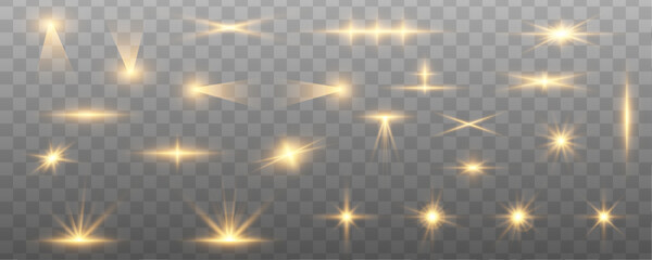 Sun flash with rays or gold spotlight and bokeh. Gold lens flares set. Yellow glow flare light effect. Vector illustration isolated on transparent background.	