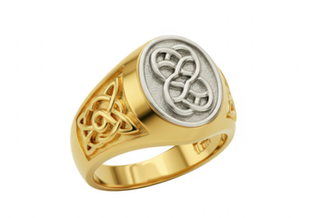 Gold signet ring with celtic knot design isolated on transparent background