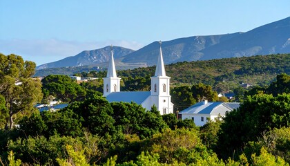 Twin-spired white church nestled among green foliage, mountains in the background