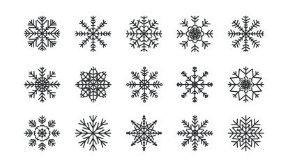 Line Snowflakes set. Black snow flake with editable stroke isolated on white background. Winter weather silhouette. Minimalist decoration for New year, christmas banner poster card.