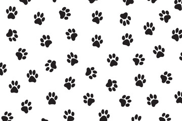 Black paw prints scattered across a white background pattern © MdAshraf