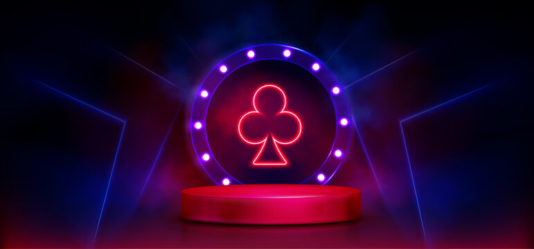 3d casino podium with neon light. Club poker card, casino, casino sign, neon casino sign, gambling, sign