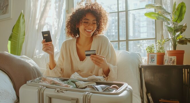 A woman sits on the edge of her bed smiling, with a credit card in hand and surrounded by travel brochures, exuding a sense of excitement and anticipation for future adventures.