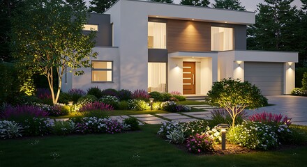 Obraz premium Elegant sleek house exterior featuring beautiful landscaping, highlighted by warm lighting residence featuring premium amenities