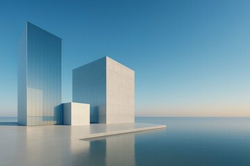 Modern architecture meets tranquil waters under a clear blue sky