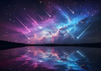 Vibrant meteor shower over serene lake with galaxy and nebula clouds, colorful starry night sky reflecting on calm water, fantasy cosmic landscape
