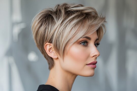 Elegant woman with a modern pixie cut hairstyle, showcasing a side profile with makeup.