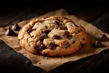 Delicious Chocolate Chip Cookie on Brown Paper, Dark Wood Table