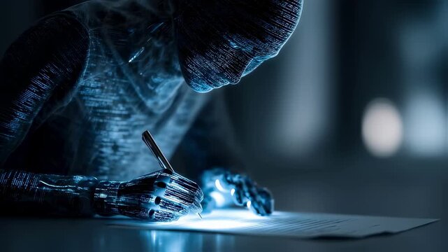 Focused AI bot efficiently managing documents on screen medium shot with hacker shadow probing firewall gaps softly blurred behind.