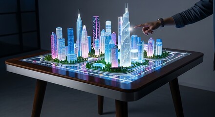 Interactive Holographic City Model on Table with Glowing Skyscrapers and Hand
