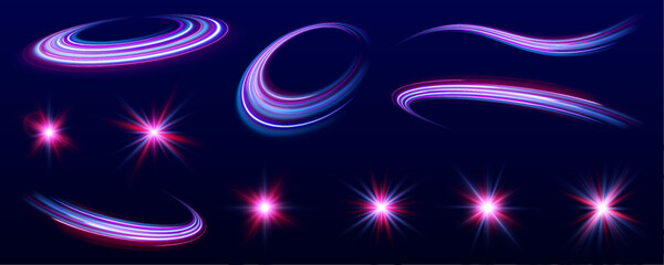 Set of bright yellow light effects: stars, sun, flash, scroll lines for Christmas holidays. Lines in the shape of a comet against a dark background. Abstract vector fire circles, sparkling swirls.	