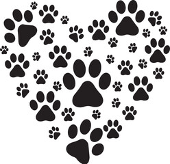 Heart shape formed by numerous black dog paw prints on white background
