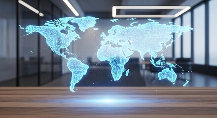 Global Business Technology: Holographic World Map Over Modern Office Desk
