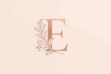 Elegant rose gold letter E with a minimalist botanical design featuring delicate leaves and floral elements on a soft neutral background, perfect for luxury monograms, wedding invitations, and upscale