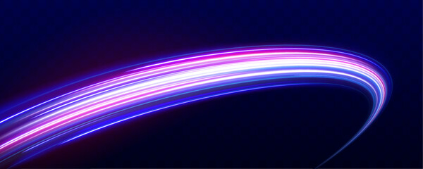 Neon swirls with light effect in the form of a spiral. Laser beams, horizontal light rays. Particle motion effect. Magic of moving fast lines.	