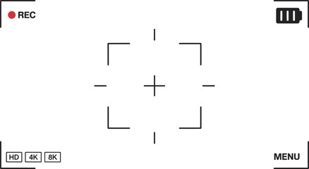 Camera viewfinder screen with R E C indicator battery and resolution options interface display
